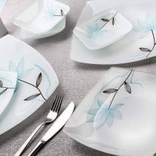 سرویس ظروف شیشه ای غذاخوری آرکوفام 25 پارچه مدل فلاور آبی