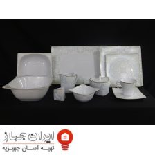 سرویس غذاخوری 30 پارچه ( 6 نفره ) چهار گوش (فلت) چینی پردیس گل آرایی راشل سبز آبی